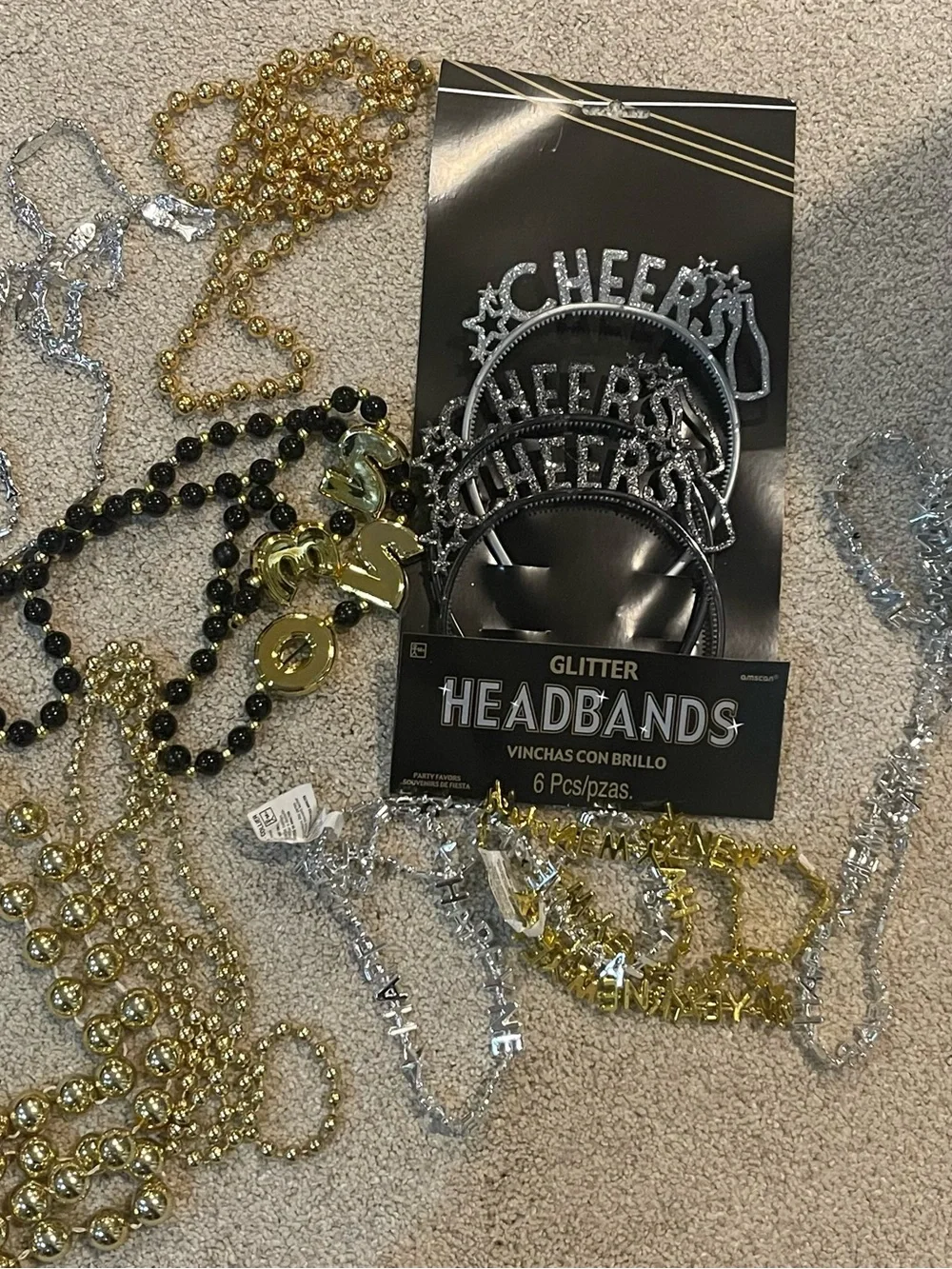 Glitter 'Cheers' Headbands 3 with necklaces silver, black & gold New Years Party
